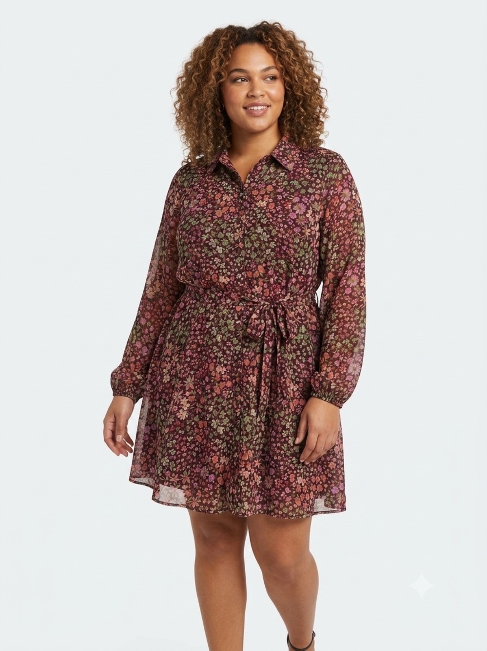 Cato, Multi-Color Floral Collared Tie-Waist Long Sleeve Dress - L